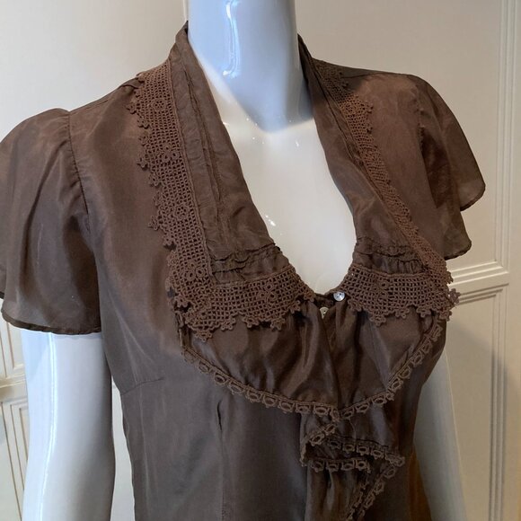 Lucky brand button front lace trim silk blouse Sz M square collar flutter sleeve - Picture 6 of 14
